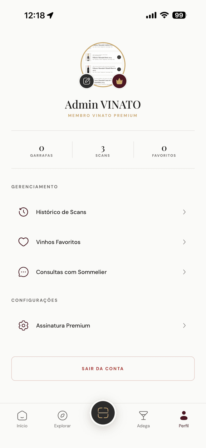 Tela do aplicativo VINATO: Perfil
